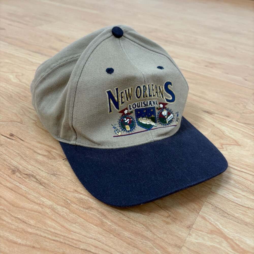 Vintage New Orleans Louisiana Embroidered Khaki Blue Strapback Hat Cap
